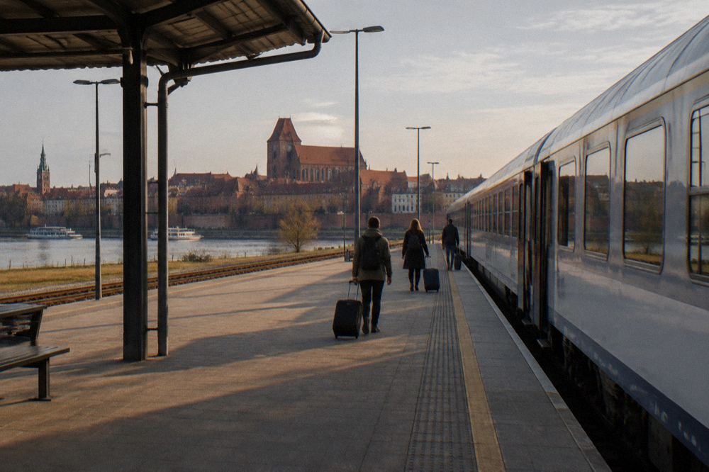 A plain unmarked regional train standing at an empty station platform in Toruń, a few travellers with suitcases small and from behind.