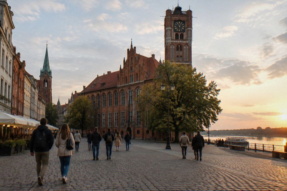 Visitors walking across a cobblestone square toward a Gothic brick town hall with a tall tower