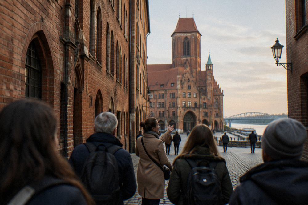 A guide leading a small group of visitors along a narrow medieval street of brick buildings