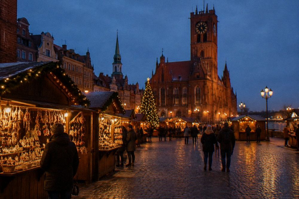 Festive wooden market stalls with lights set out on an old town square at dusk