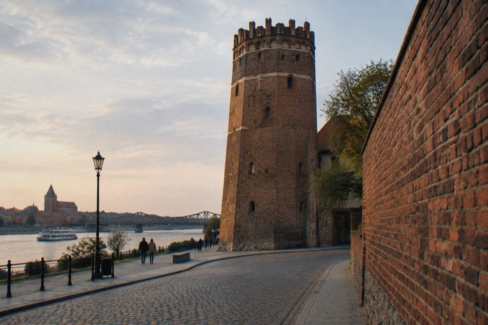 The Leaning Tower seen from the street outside, with brick wall beside it