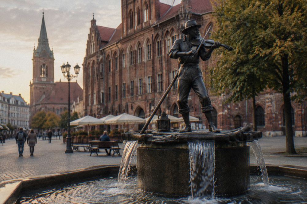 The Flisak fountain with the fiddling raftsman figure on Rynek Staromiejski