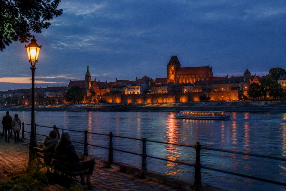 Old Town skyline of Toruń at dusk seen across the Vistula river