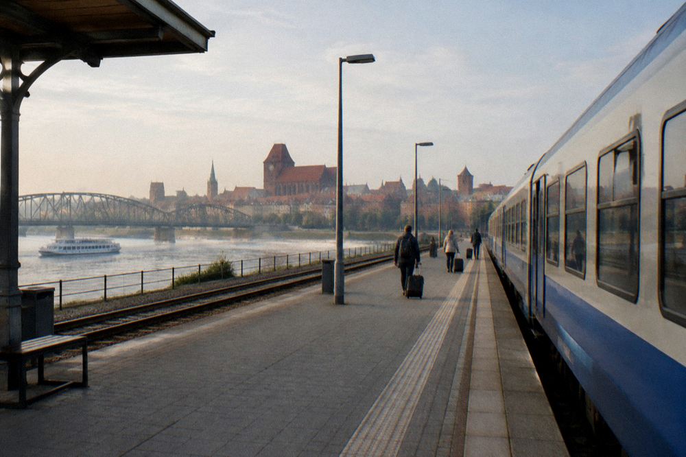 A plain unmarked regional train standing at an empty station platform in Toruń, a few travellers with suitcases small and from behind.