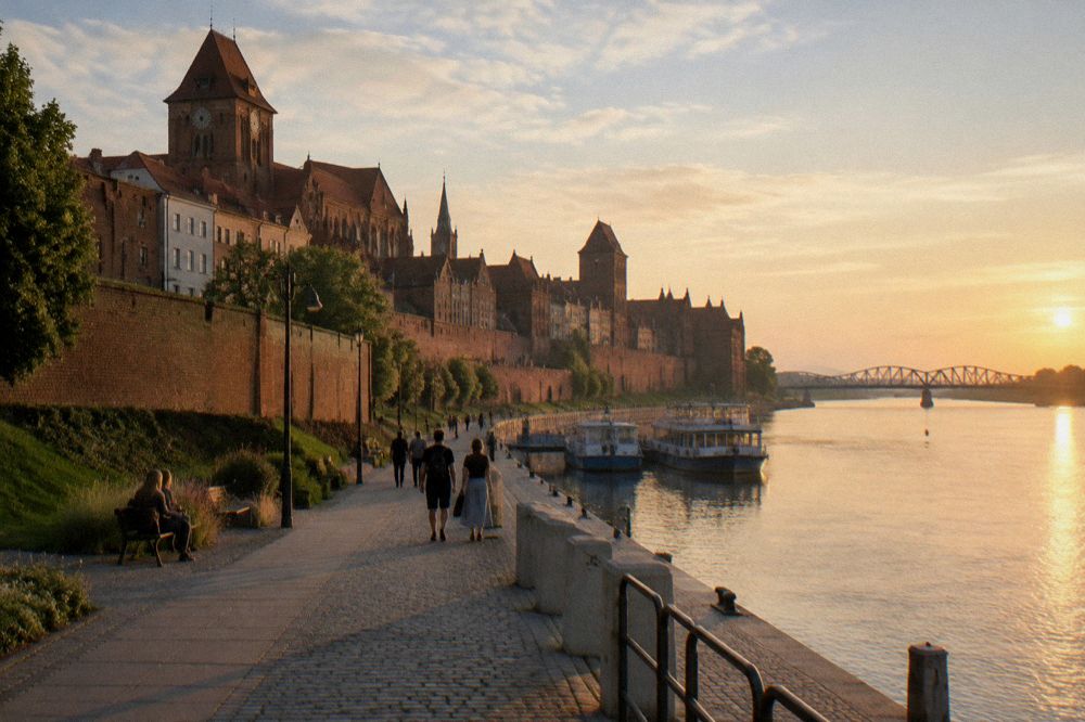 The riverside promenade below Toruń's brick city walls along the Vistula at golden hour