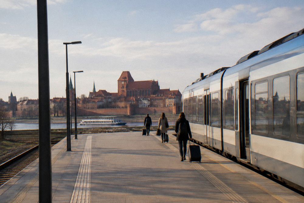 A plain unmarked regional train standing at an empty station platform in Toruń, a few travellers with suitcases small and from behind.