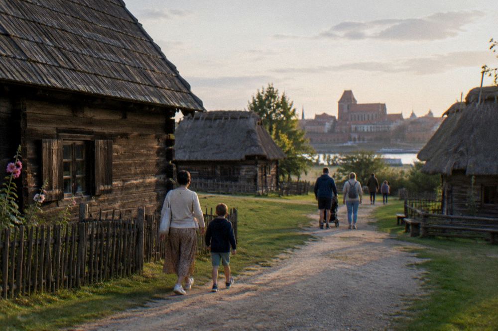 Families walking among old wooden rural buildings in an open-air ethnographic park