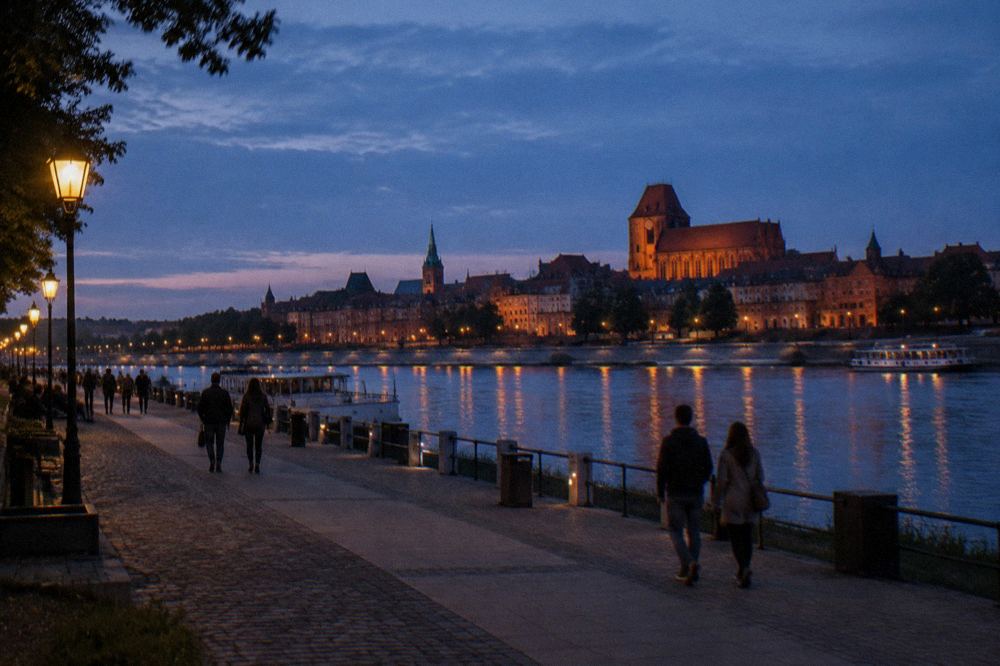 People strolling along the Vistula riverside boulevard in Toruń at dusk