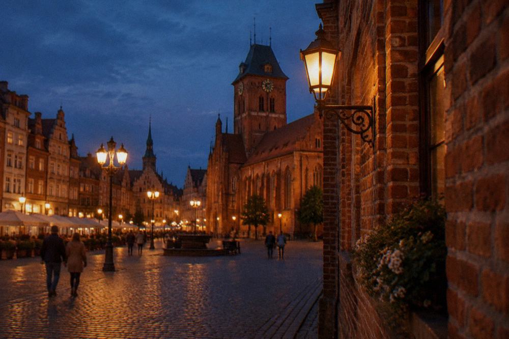 Illuminated Toruń Old Town street at night with pedestrians and brick facades