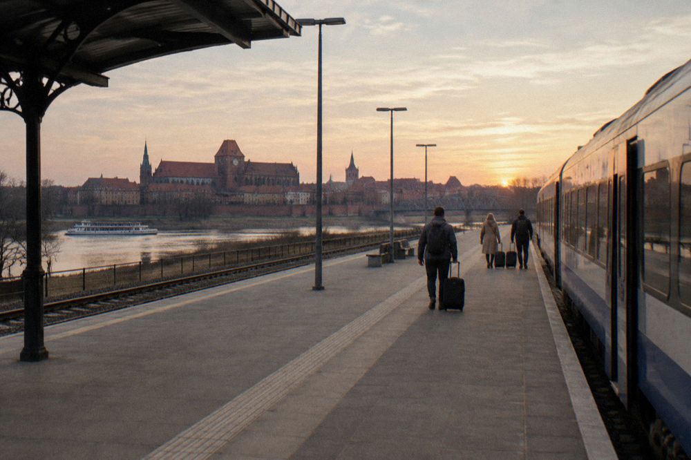 A plain unmarked regional train standing at an empty station platform in Toruń, a few travellers with suitcases small and from behind.