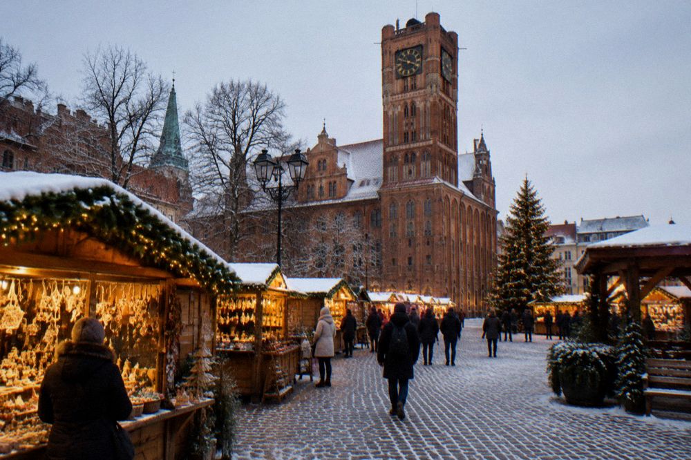 Illuminated Christmas market stalls on the medieval square in Toruń with the Old Town Hall tower behind