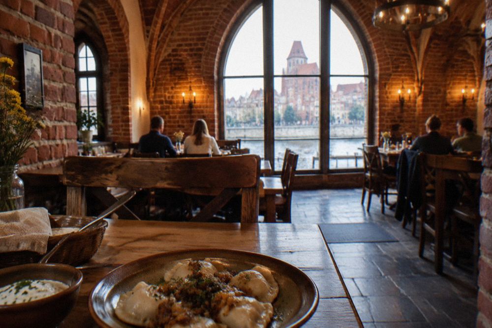A pierogi restaurant dining room in a Gothic brick building in Toruń's Old Town