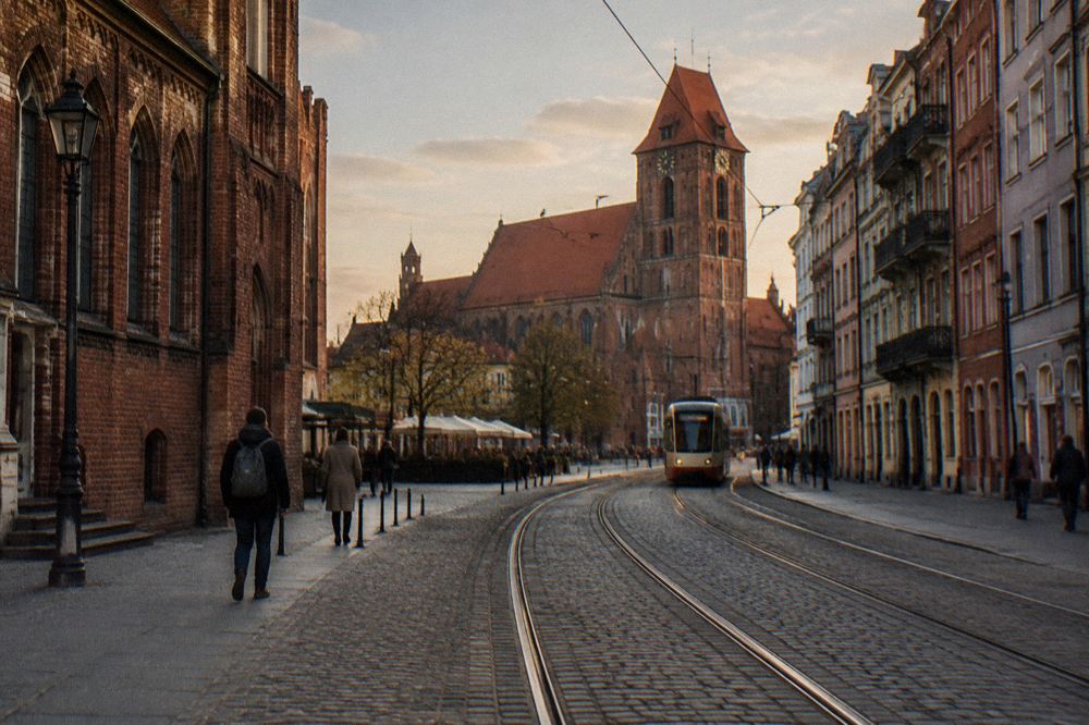 Tram tracks and tenement houses on a street in central Toruń