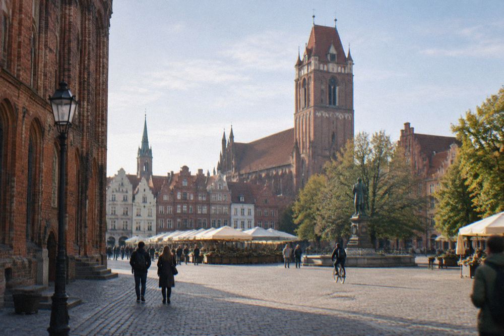 Red brick gothic buildings and a church tower above the rooftops of Toruń Old Town