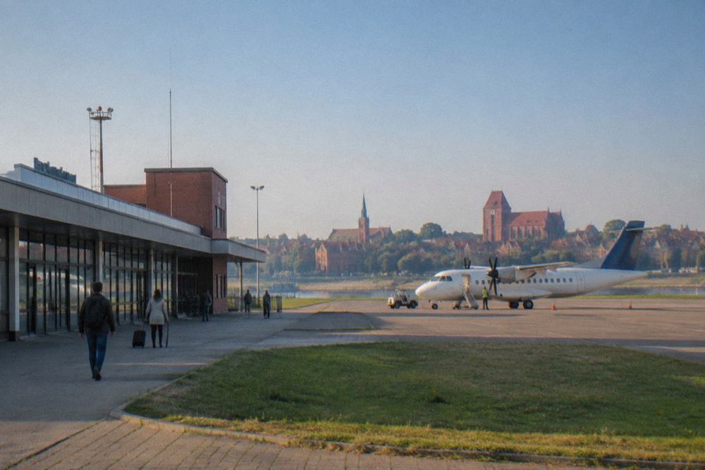 A small regional airport terminal building with a parked aircraft and a blue sky