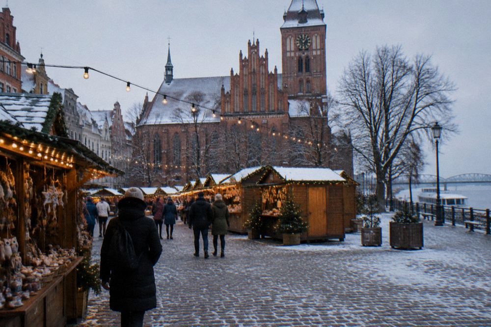 People in winter coats walking between market stalls dusted with frost under string lights