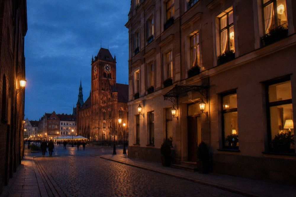 A hotel facade with lit windows on a narrow street near a market square at dusk