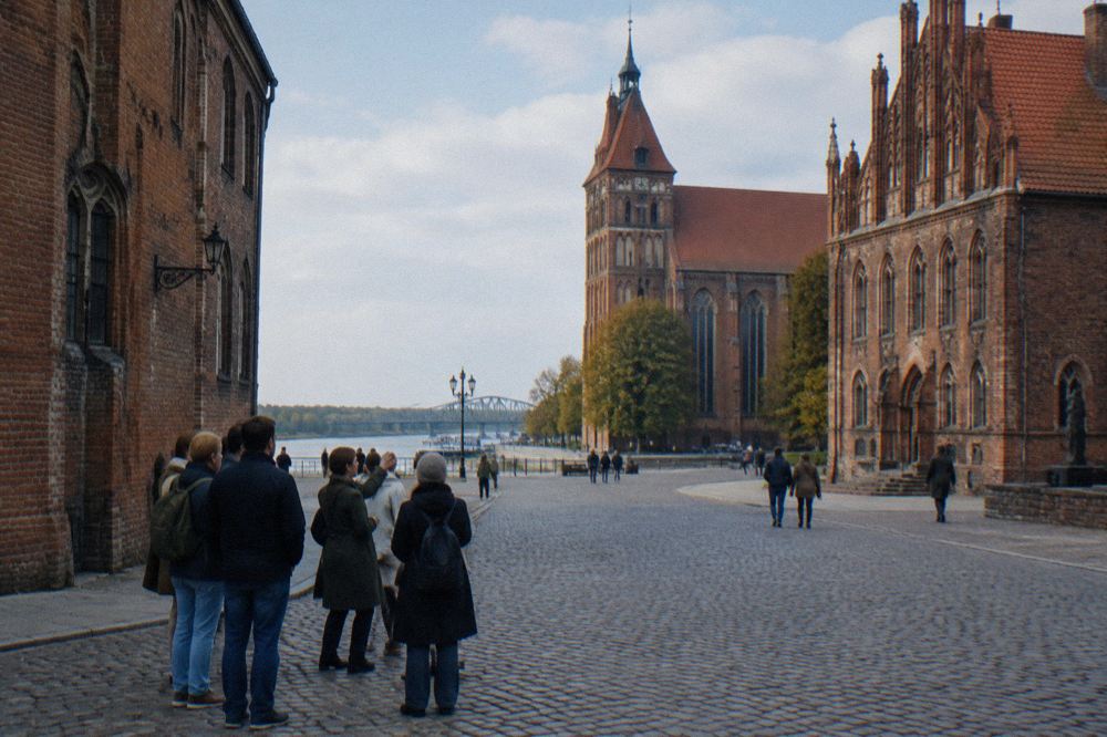 A guide speaking to a small group of visitors on a cobblestone street between gothic brick buildings