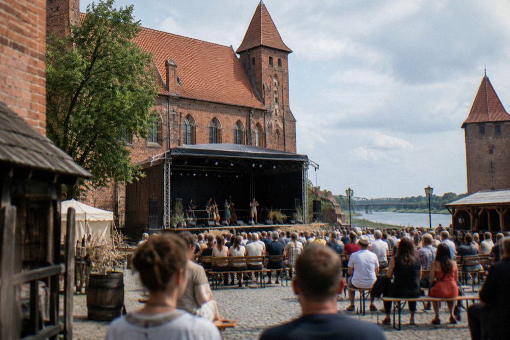 An open-air stage and audience in a historic square during a summer city festival in Toruń