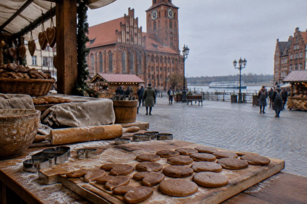 A wooden board of round and heart-shaped gingerbread cookies without any writing, a rolling pin and cutters beside, a Toruń bakery table.