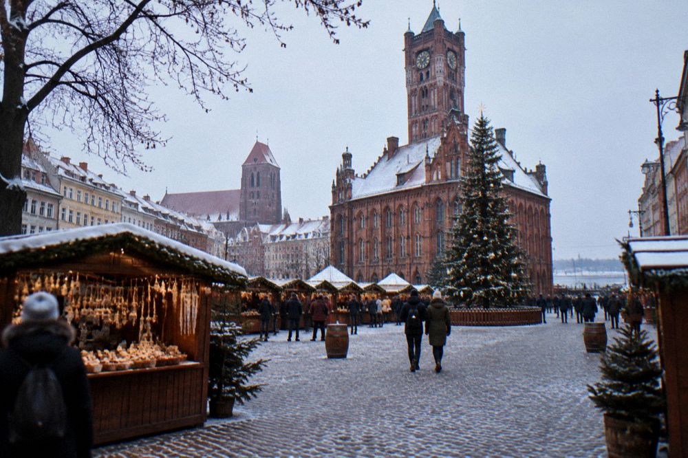 The Old Town market square in Toruń filled with wooden Christmas market stalls and a decorated tree