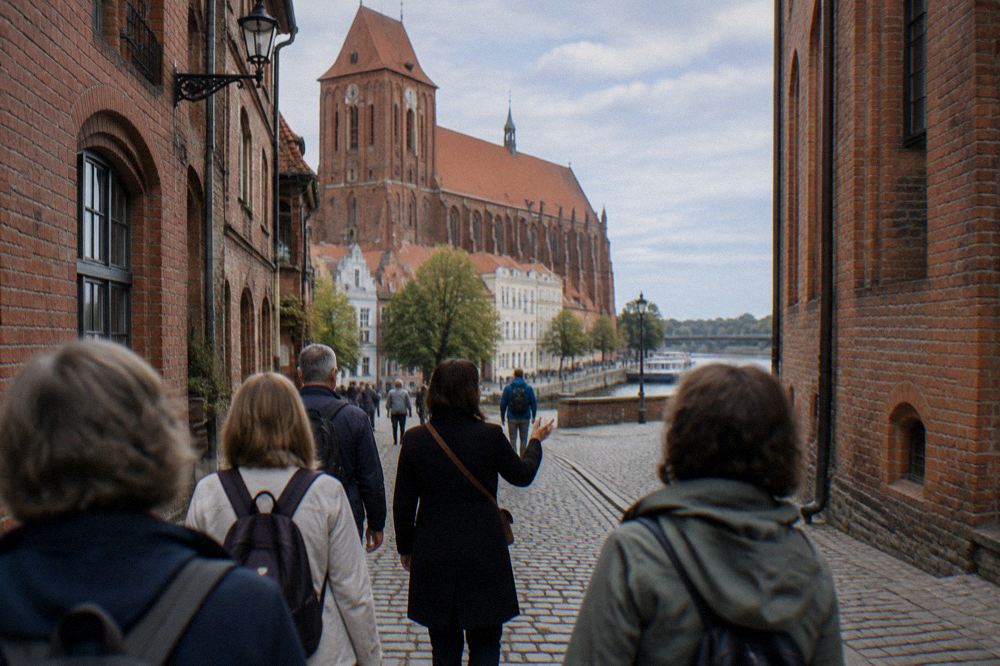 A group of tourists following a guide down a narrow medieval street in Toruń