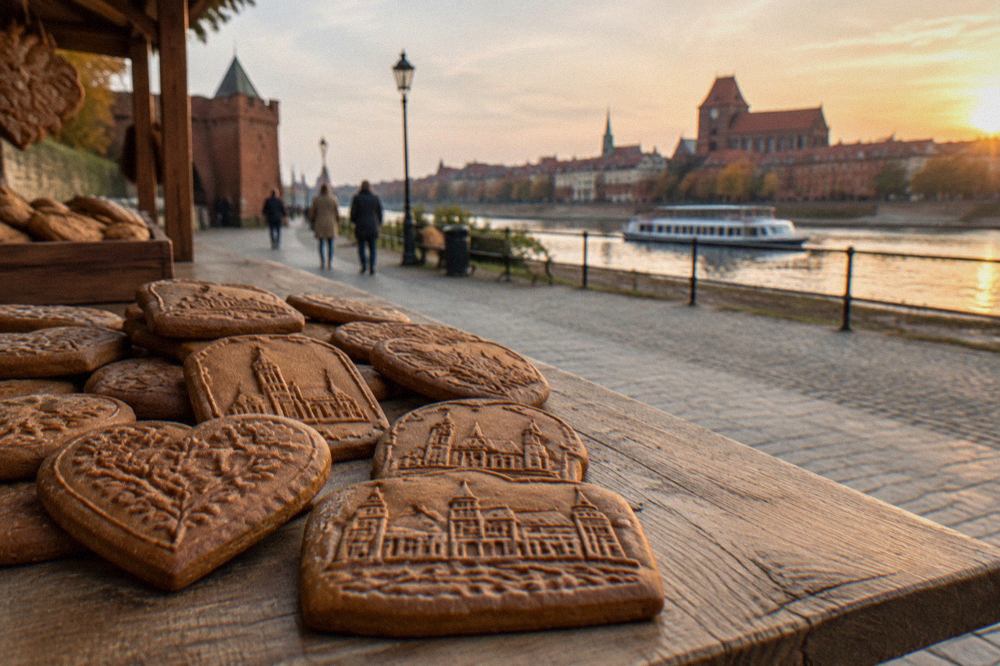 Decorative Toruń gingerbread cookies with stamped patterns arranged on a wooden table