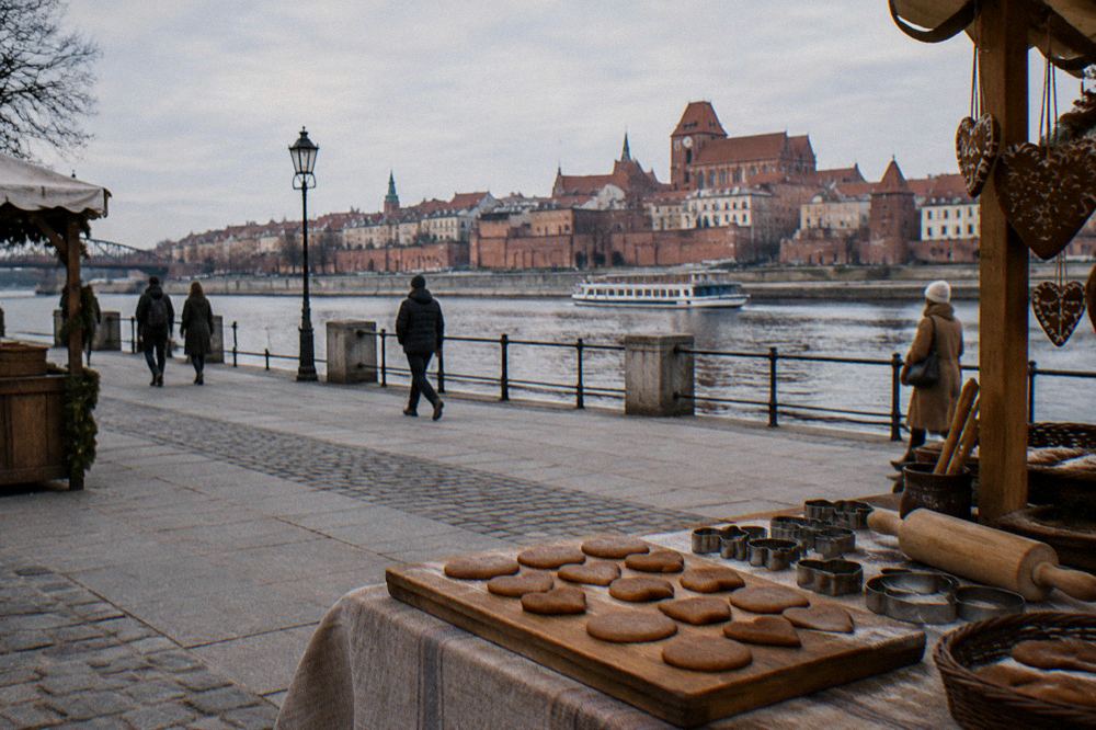 A wooden board of round and heart-shaped gingerbread cookies without any writing, a rolling pin and cutters beside, a Toruń bakery table.