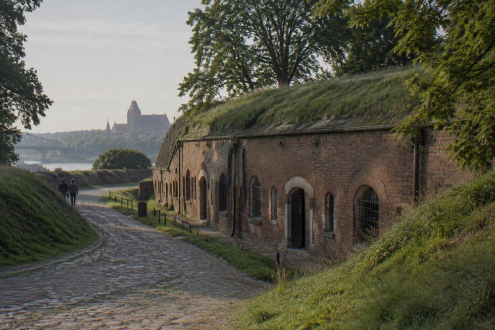 A low brick fort building with earth banks and trees around it at Fort IV near Toruń