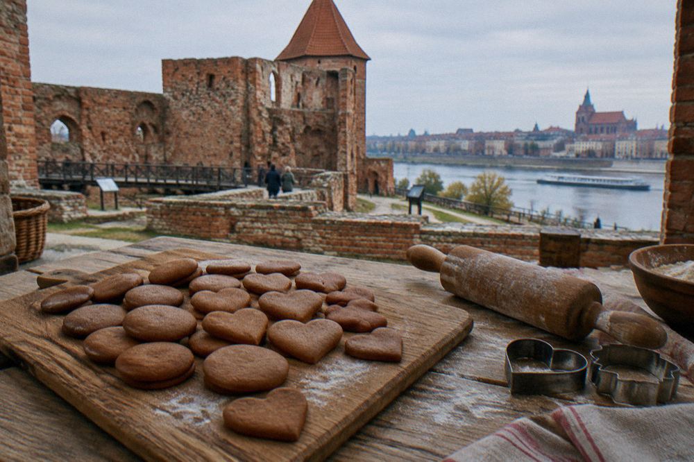 A wooden board of round and heart-shaped gingerbread cookies without any writing, a rolling pin and cutters beside, a Toruń bakery table.