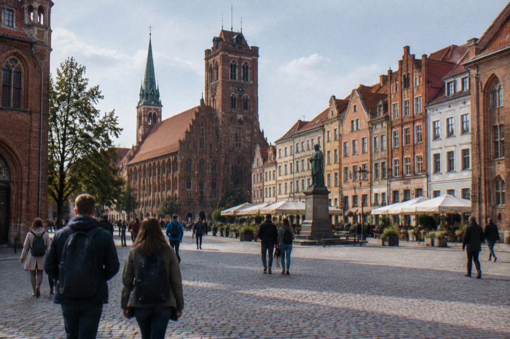 Cobbled Old Town square in Toruń with visitors carrying backpacks past colourful burgher houses