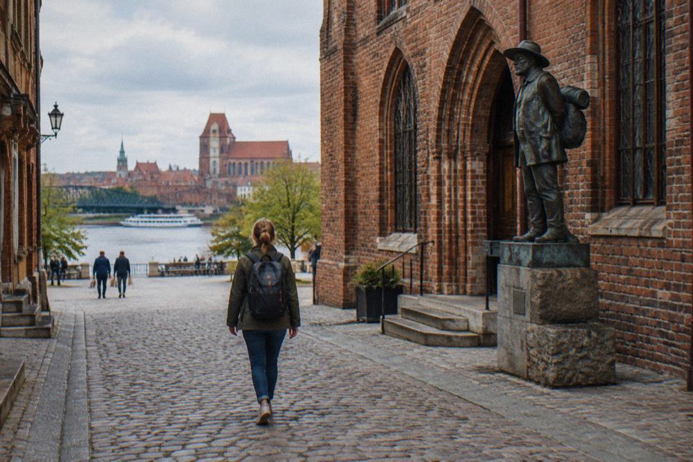 Traveller walking a cobbled street in Toruń Old Town with hands free