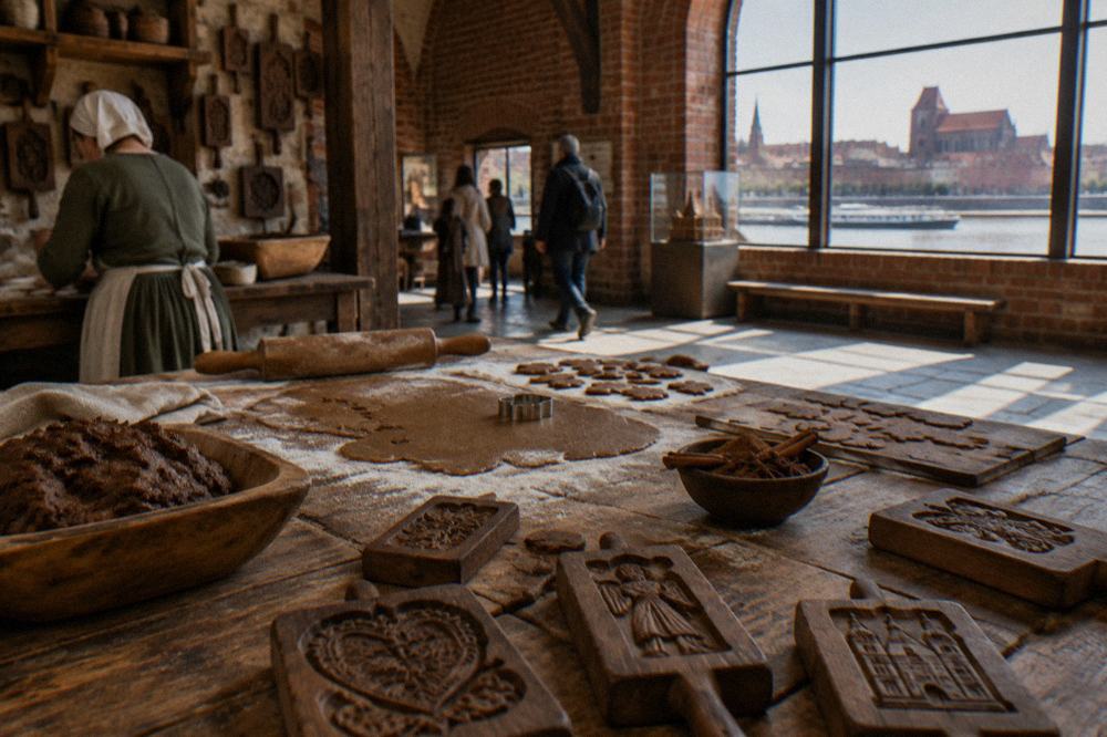 Wooden gingerbread moulds and spiced dough on a bakery workbench