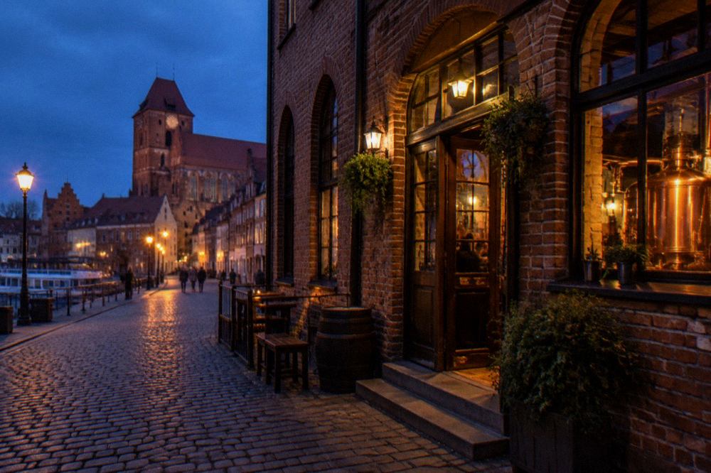 Evening view of a lit brewery pub entrance on a narrow Old Town street in Toruń