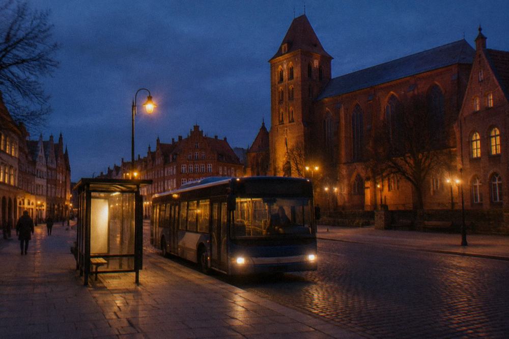 A night bus waiting at a lit stop on an empty street in Toruń