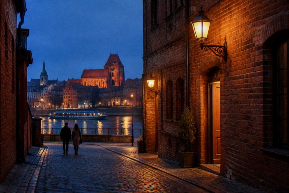 A narrow Old Town lane in Toruń after dark, warm lamps on brick walls and a lit doorway glowing, a couple walking away.