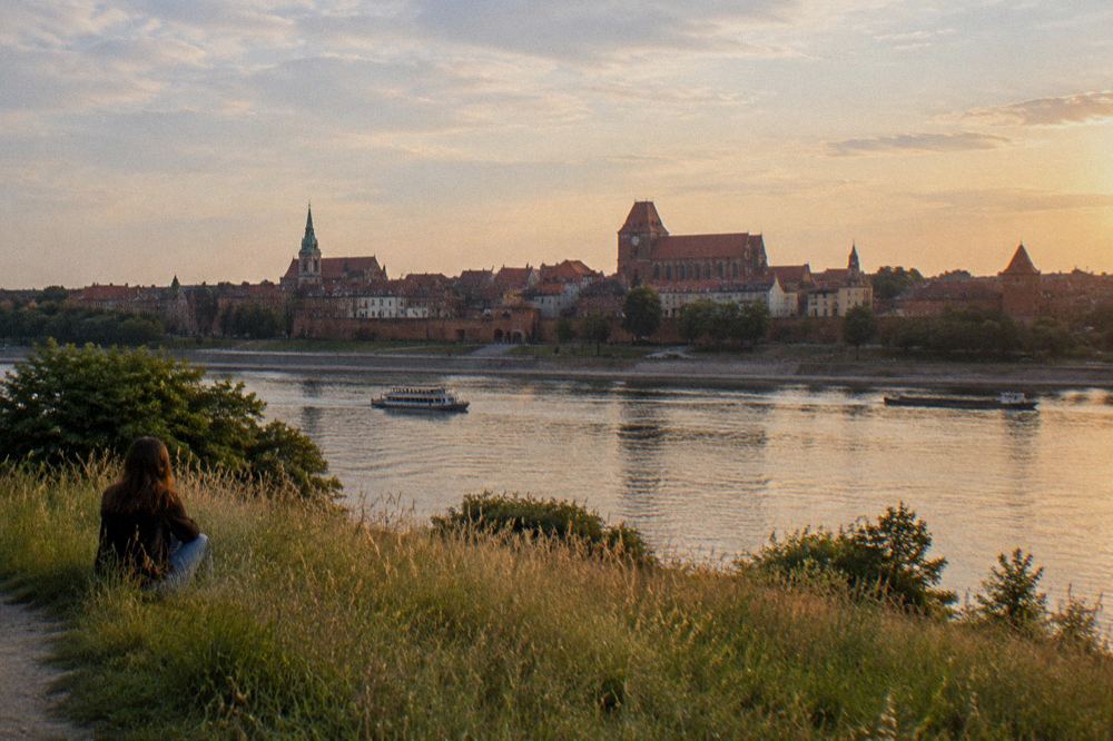 The Toruń skyline of brick gables, church roofs and old town wall across the wide Vistula, tall grass in the foreground.