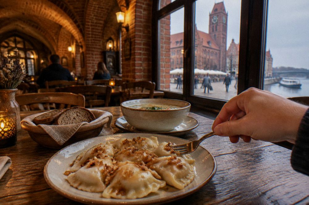 A rustic wooden table with a plate of boiled pierogi with fried onions, a bowl of soup and rye bread, a hand reaching in, in a generic brick-vaulted dining room, no writing or menu visible.