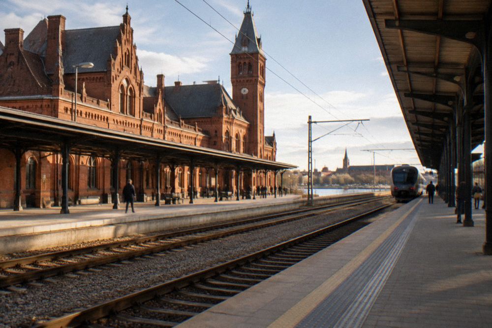 Brick railway station building with platforms beside tracks in Toruń on a bright day