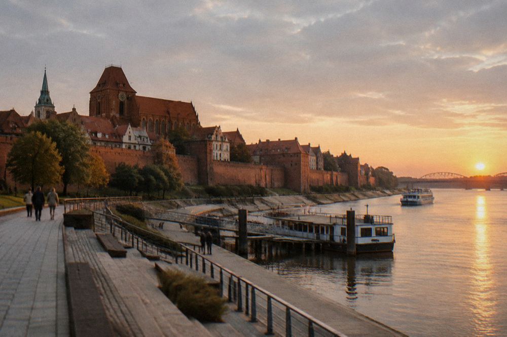 Riverside promenade along the Vistula below the brick town walls of Toruń at golden hour