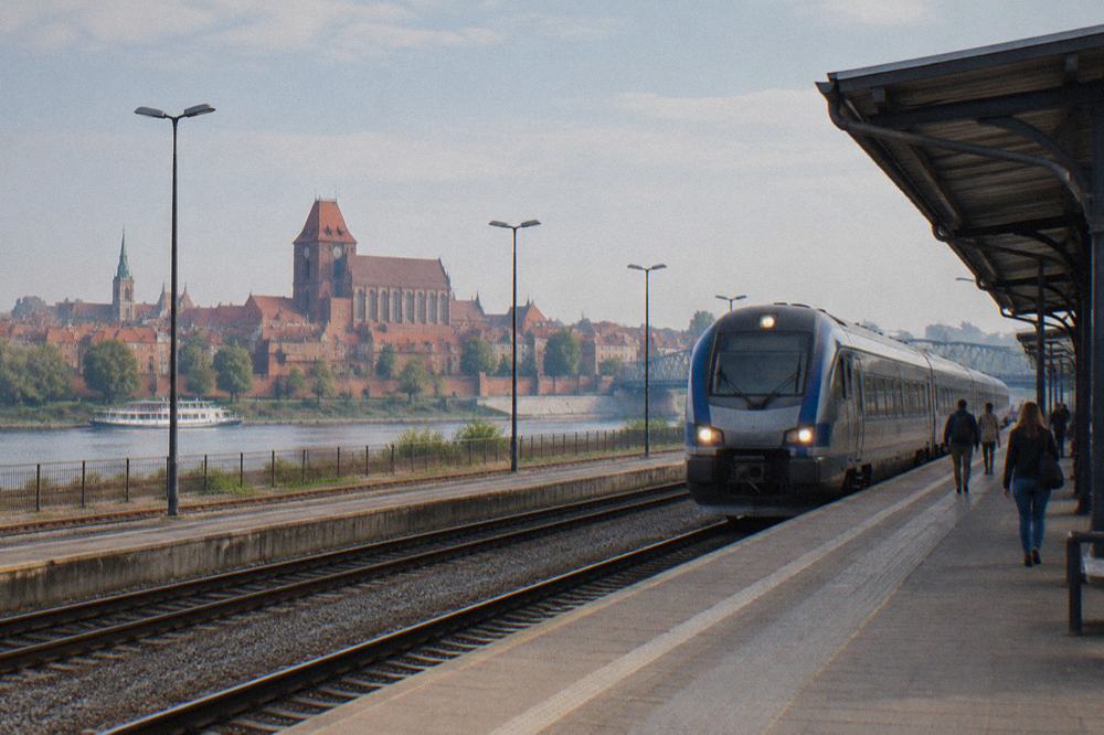 An intercity passenger train pulling into a station platform under an open sky
