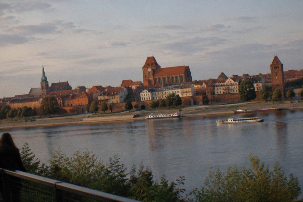 Panorama of red-brick gothic churches and towers seen from across a wide river