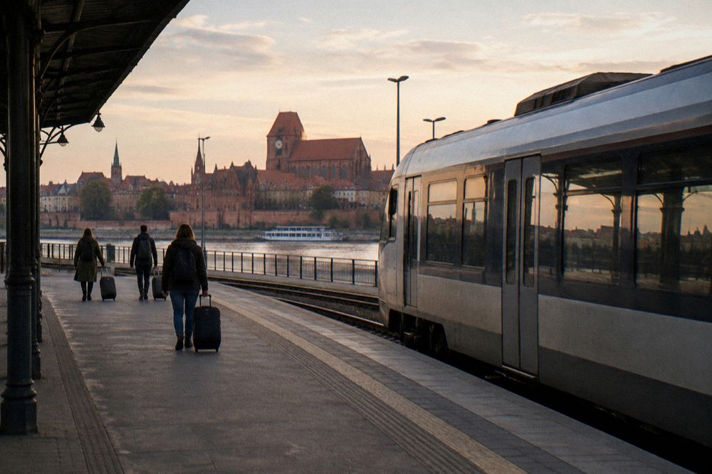 A plain unmarked regional train standing at an empty station platform in Toruń, a few travellers with suitcases small and from behind.