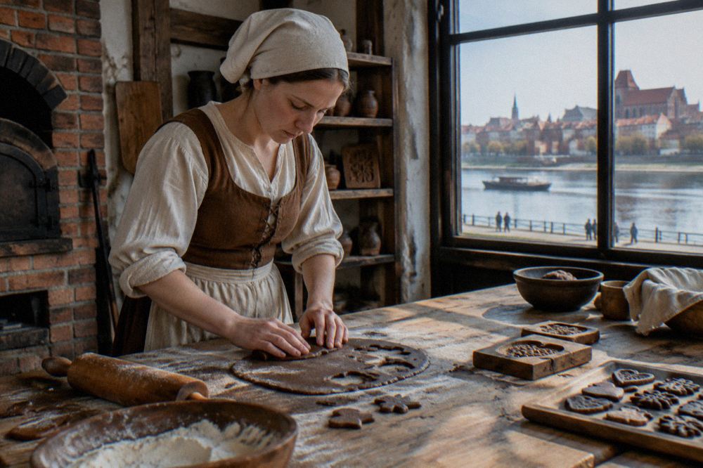 A baker in period costume shaping gingerbread dough at a wooden workbench