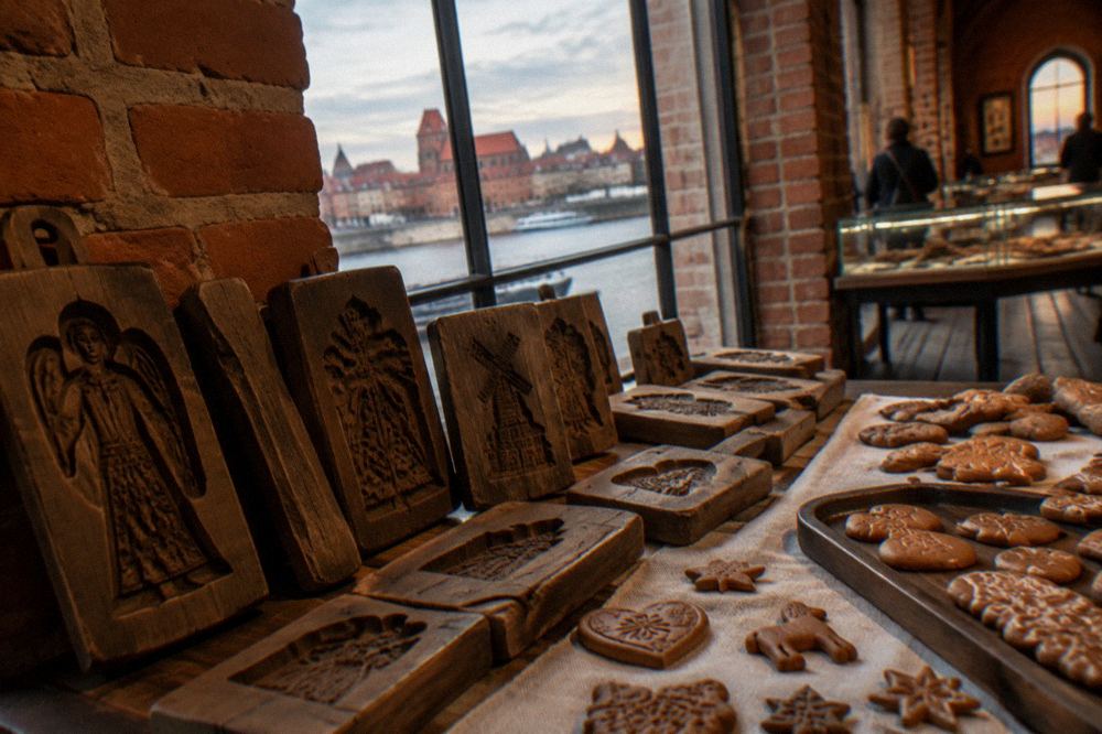 Wooden gingerbread moulds and baked spiced cookies on display in a museum