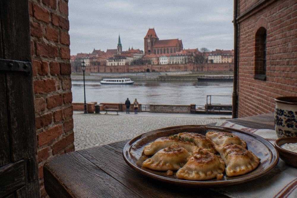 A plate of golden oven-baked pierogi served on rustic crockery
