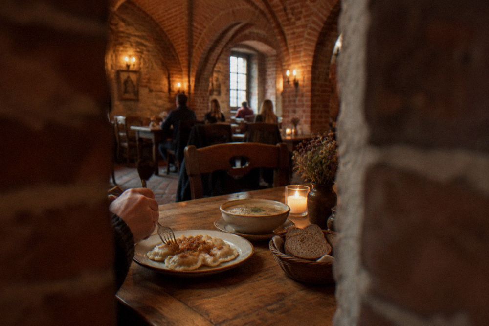 A rustic wooden table with a plate of boiled pierogi with fried onions, a bowl of soup and rye bread, a hand reaching in, in a generic brick-vaulted dining room, no writing or menu visible.