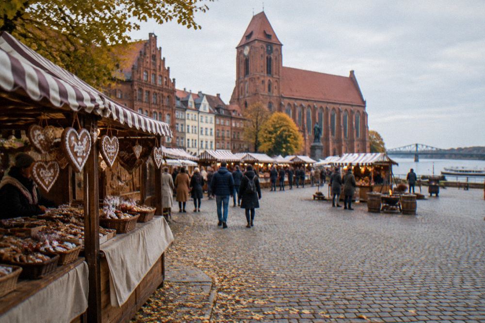 Festival stalls with striped canopies lining a medieval market square in autumn