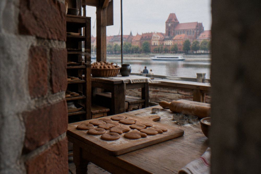 A wooden board of round and heart-shaped gingerbread cookies without any writing, a rolling pin and cutters beside, a Toruń bakery table.
