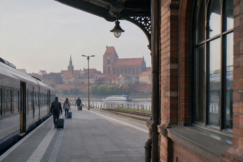 A plain unmarked regional train standing at an empty station platform in Toruń, a few travellers with suitcases small and from behind.